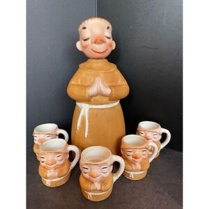 Vintage Lefton Friar  Tuck Monk Decanter Set‎ 5 Shot Glasses Brown Ceramic Padre